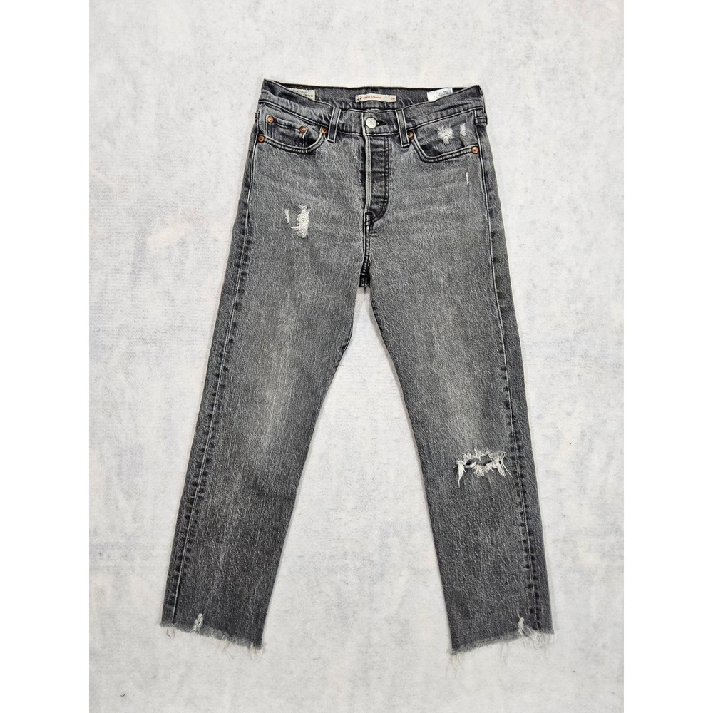 Levi's Premium Wedgie Straight Jeans Women 26 X 25 Crop Distressed Gray Raw Hem